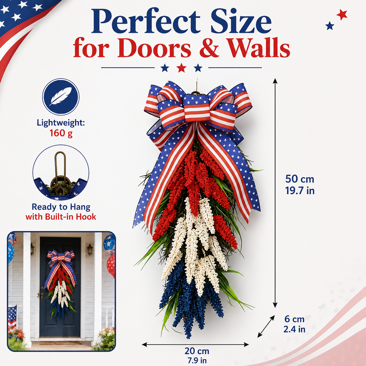 Patriotic Red, White & Blue Vertical Door Swag – PVC Layered Ribbon Wreath with Star-Spangled Bow for Independence Day & Holiday Decor