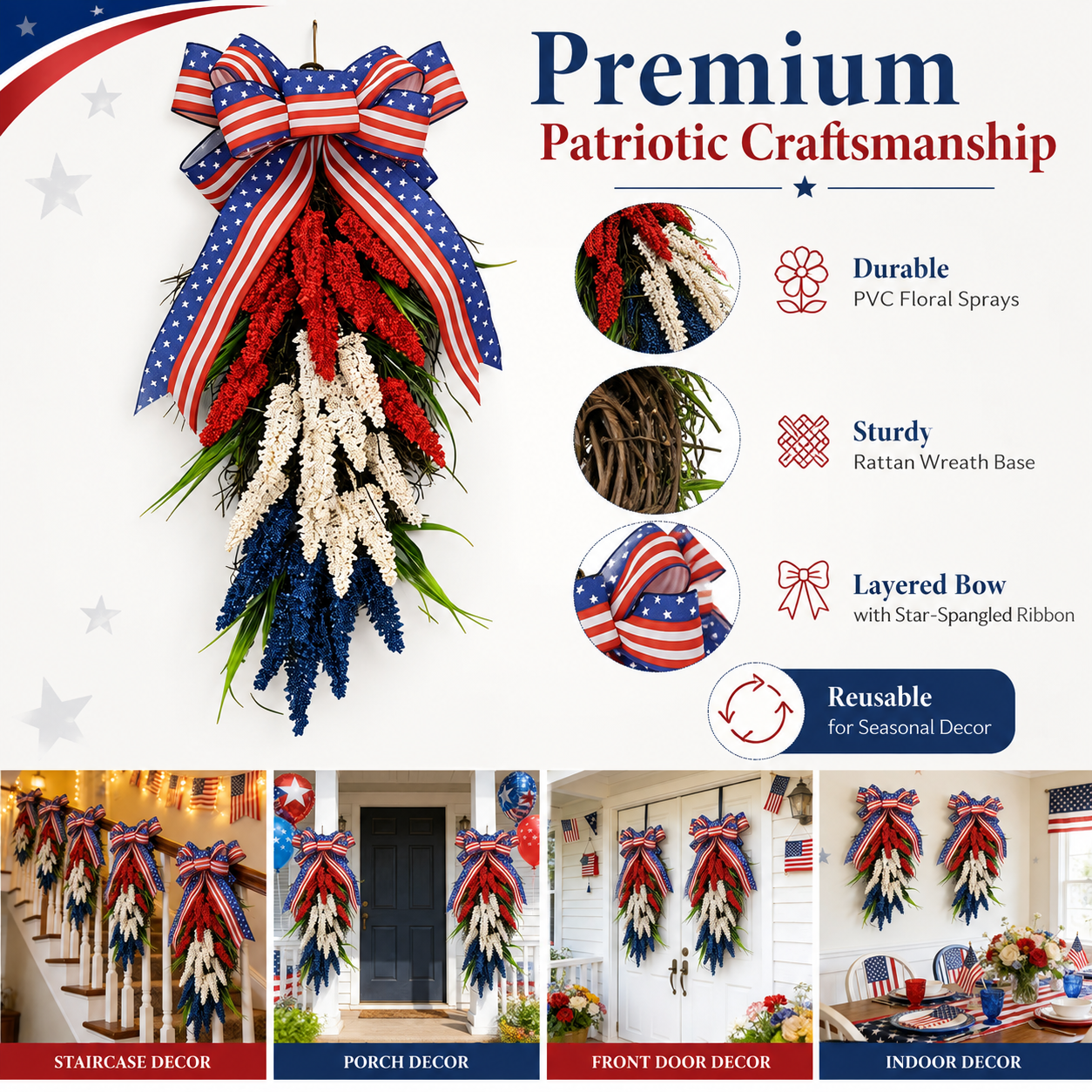 Patriotic Red, White & Blue Vertical Door Swag – PVC Layered Ribbon Wreath with Star-Spangled Bow for Independence Day & Holiday Decor