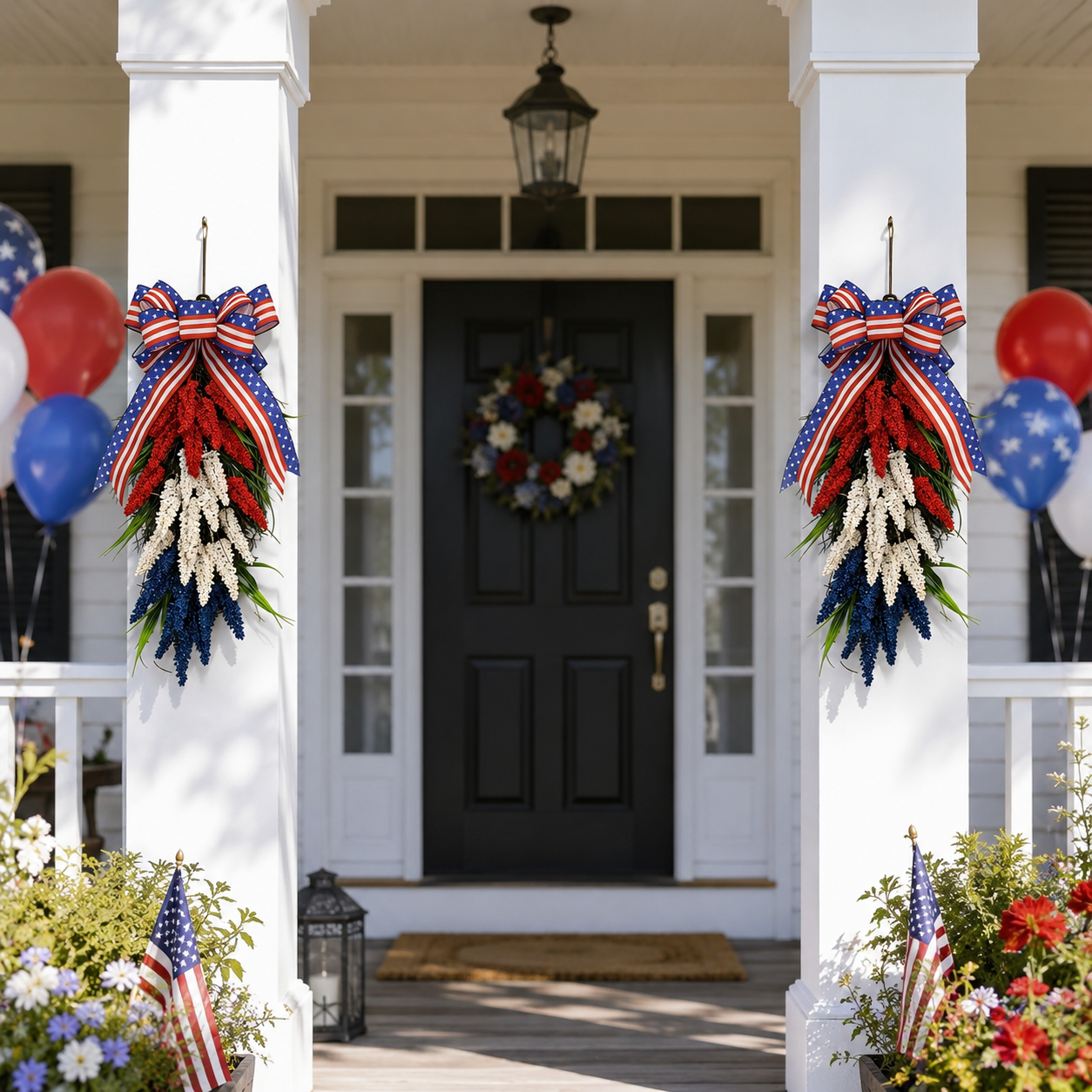 Patriotic Red, White & Blue Vertical Door Swag – PVC Layered Ribbon Wreath with Star-Spangled Bow for Independence Day & Holiday Decor