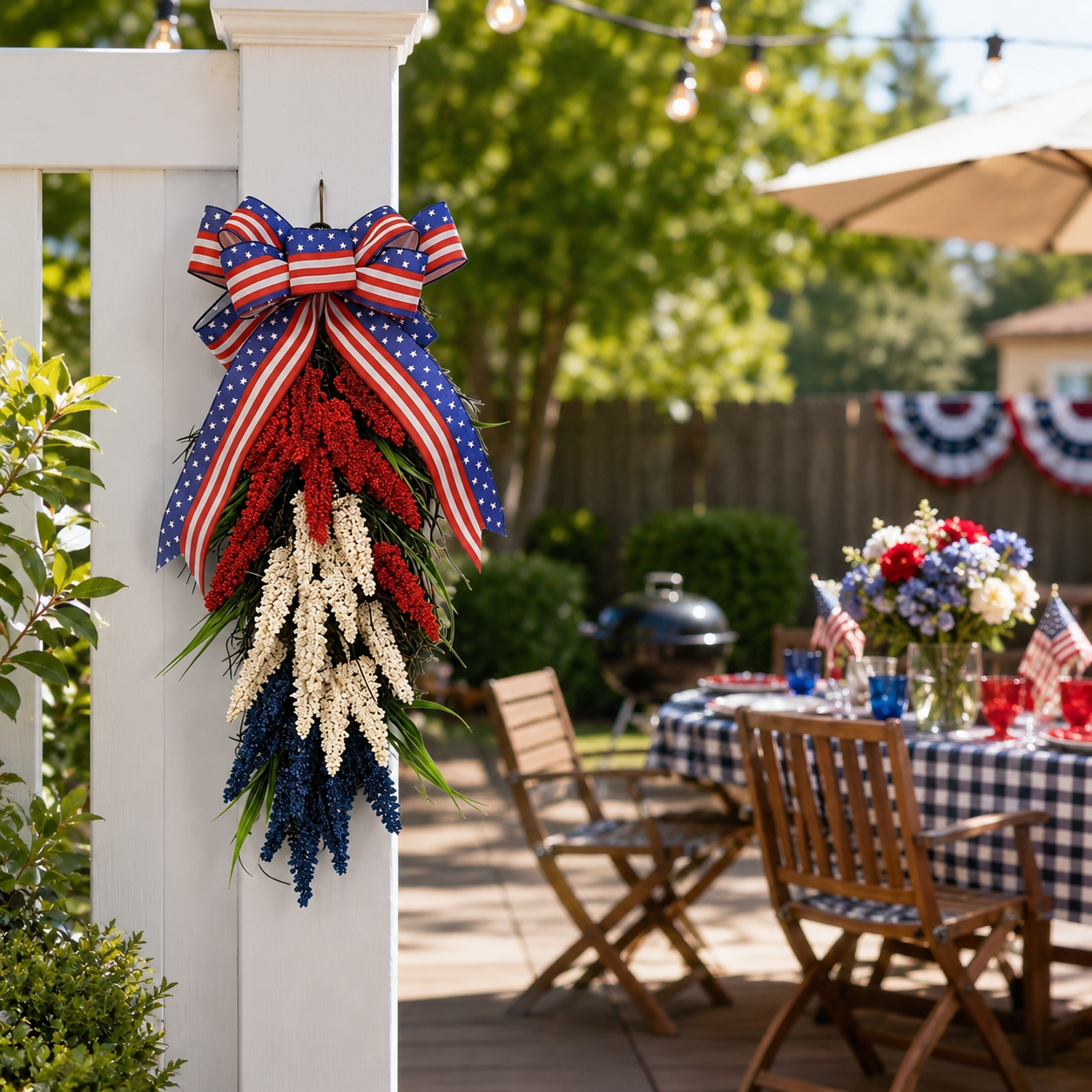 Patriotic Red, White & Blue Vertical Door Swag – PVC Layered Ribbon Wreath with Star-Spangled Bow for Independence Day & Holiday Decor