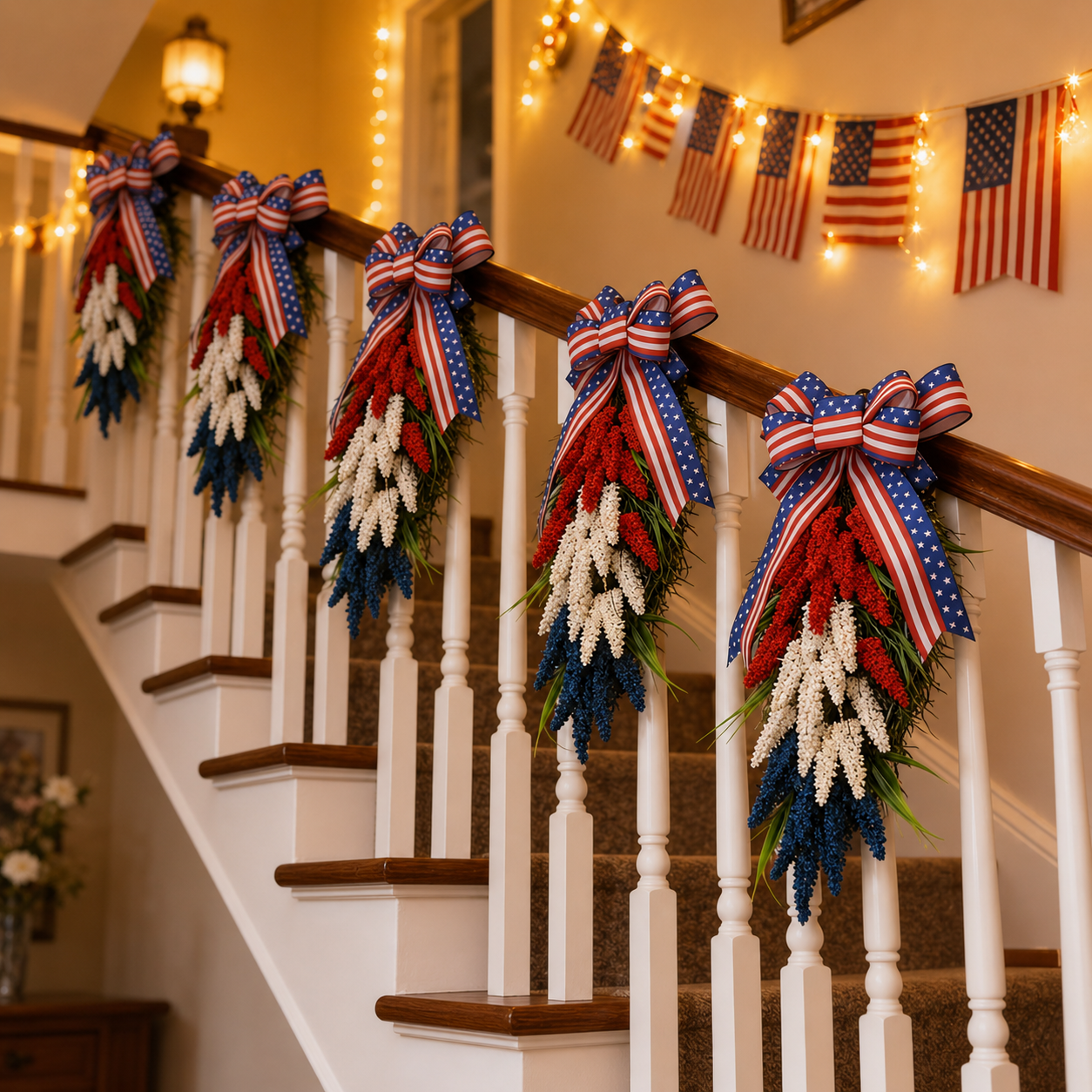 Patriotic Red, White & Blue Vertical Door Swag – PVC Layered Ribbon Wreath with Star-Spangled Bow for Independence Day & Holiday Decor