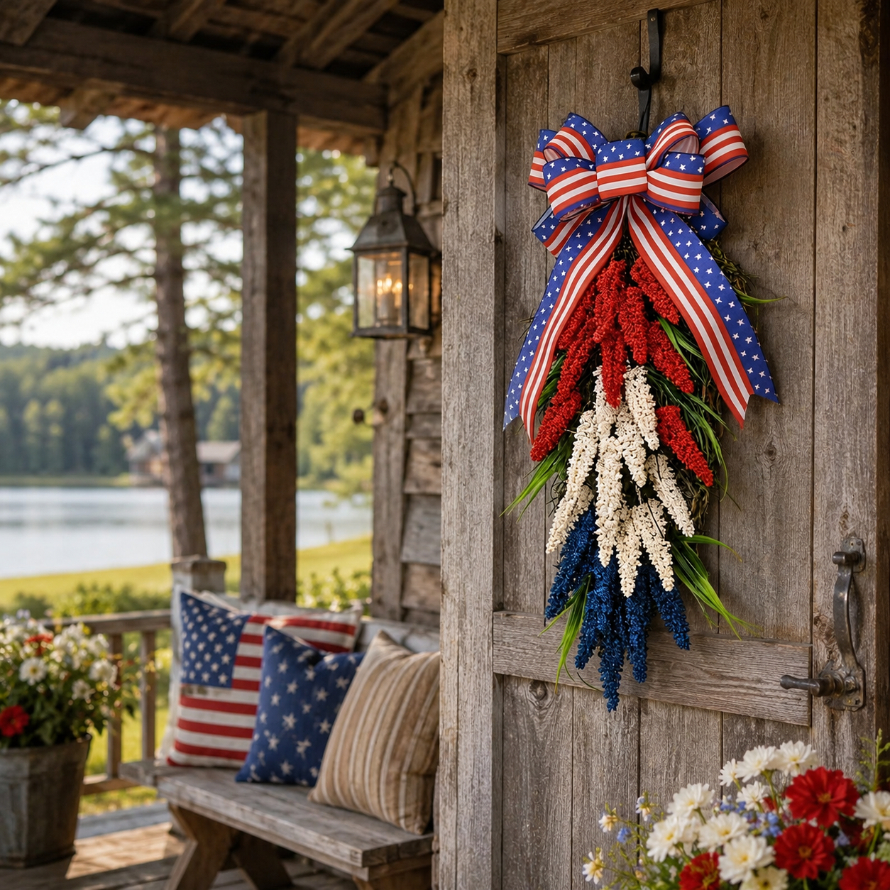 Patriotic Red, White & Blue Vertical Door Swag – PVC Layered Ribbon Wreath with Star-Spangled Bow for Independence Day & Holiday Decor