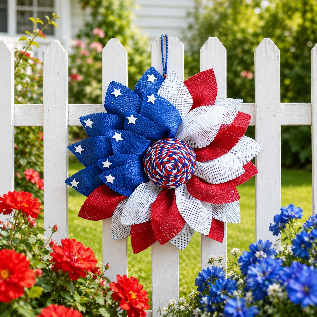 Independence Day Patriotic Flower Wreath – Red, White & Blue Door & Wall Hanging Decor