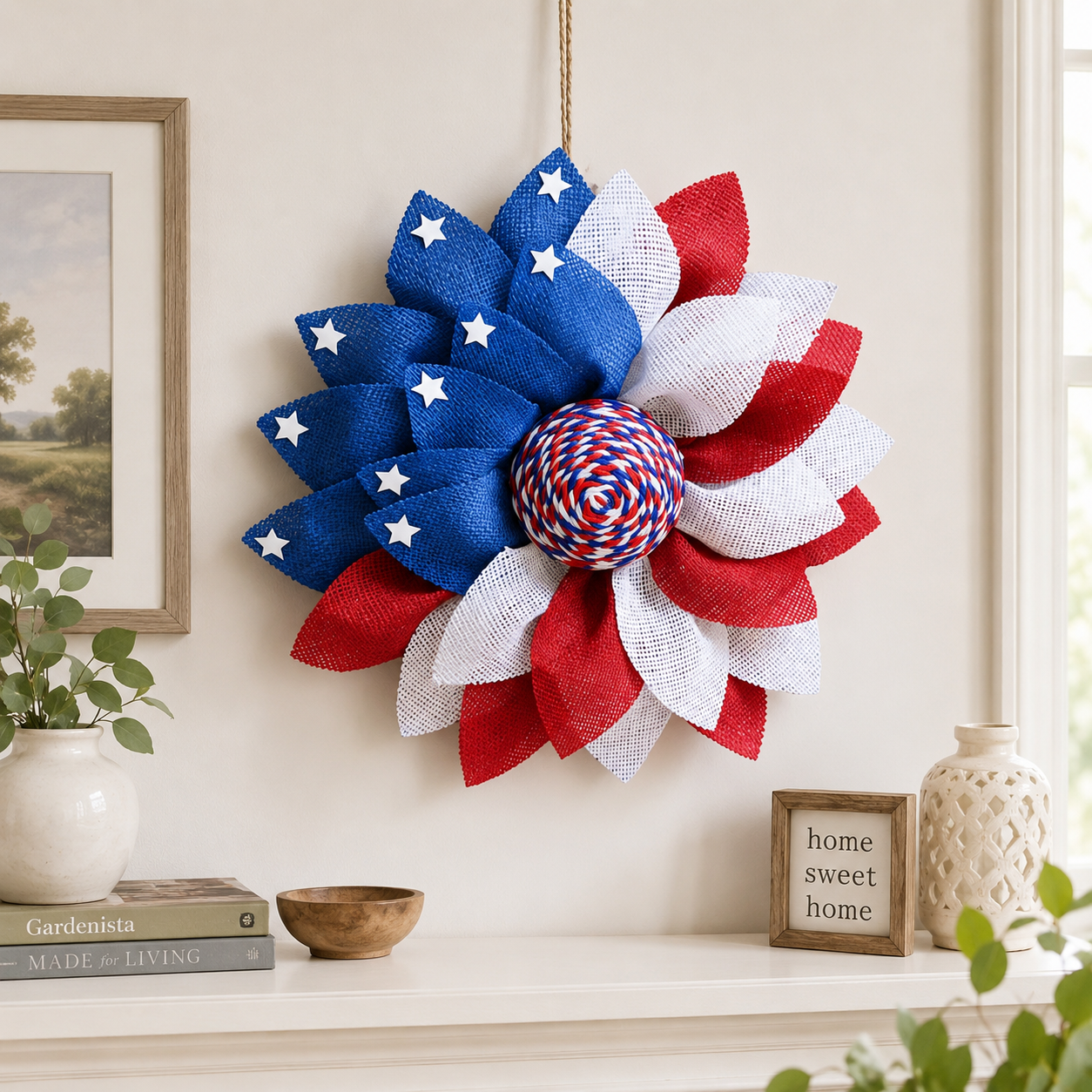 Independence Day Patriotic Flower Wreath – Red, White & Blue Door & Wall Hanging Decor
