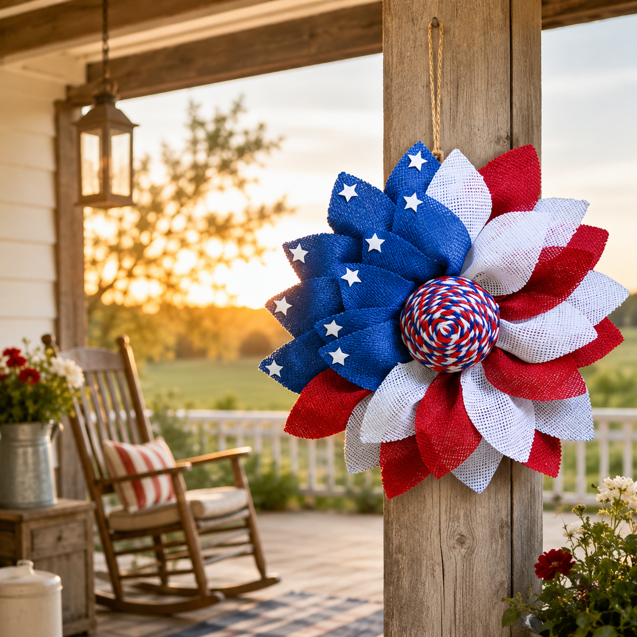 Independence Day Patriotic Flower Wreath – Red, White & Blue Door & Wall Hanging Decor
