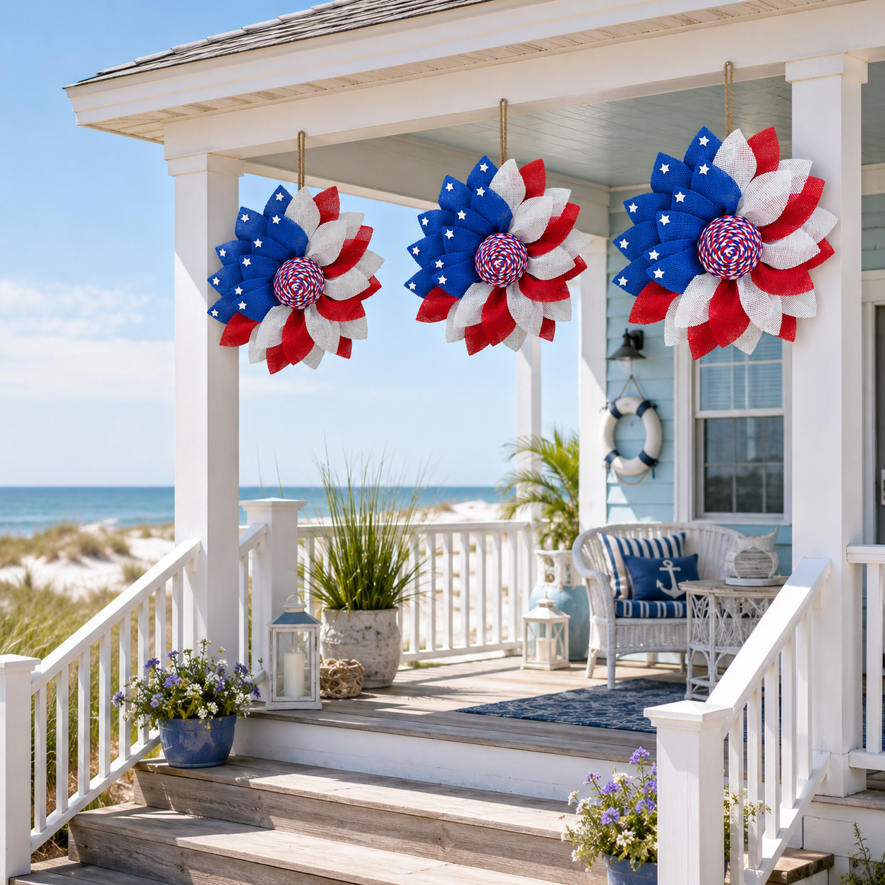 Independence Day Patriotic Flower Wreath – Red, White & Blue Door & Wall Hanging Decor