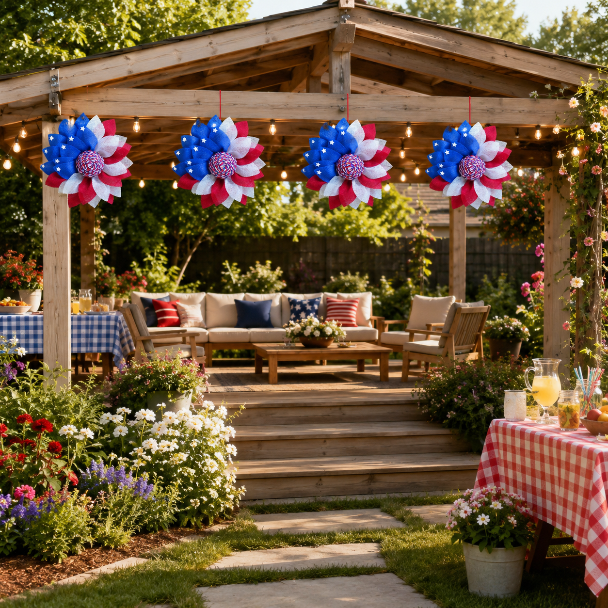 Independence Day Patriotic Flower Wreath – Red, White & Blue Door & Wall Hanging Decor