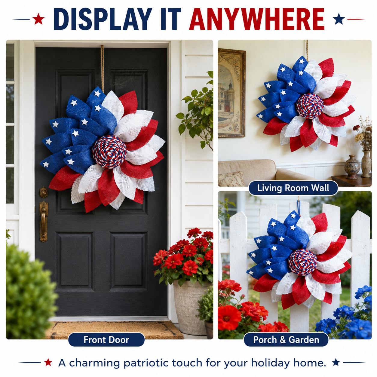 Independence Day Patriotic Flower Wreath – Red, White & Blue Door & Wall Hanging Decor