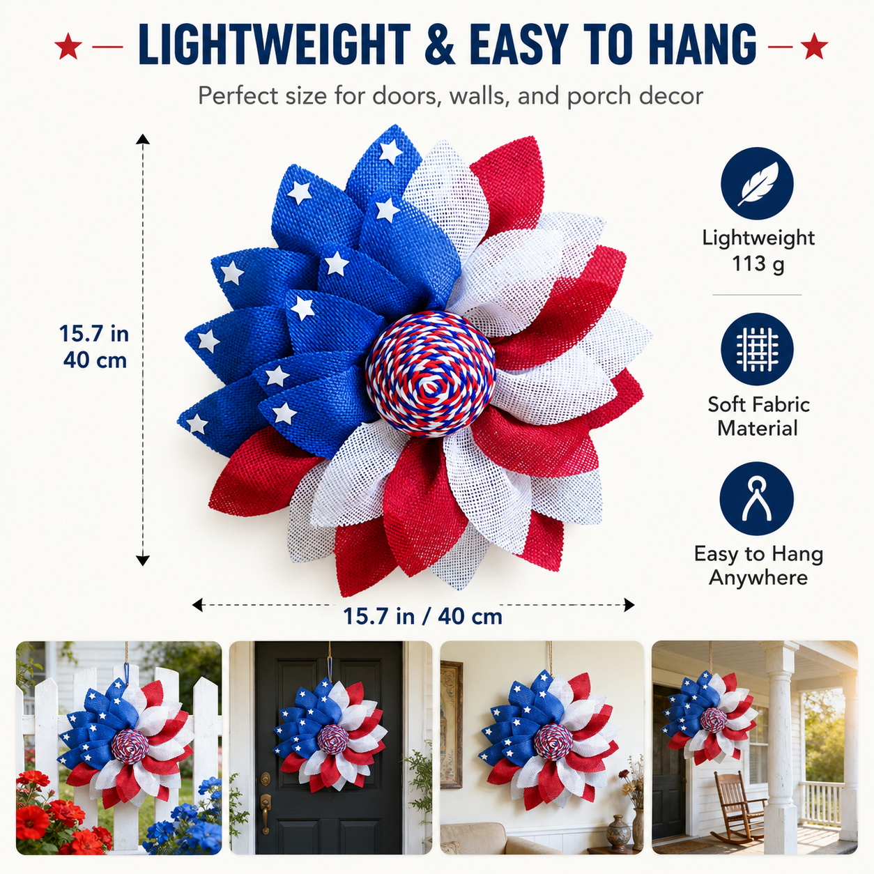 Independence Day Patriotic Flower Wreath – Red, White & Blue Door & Wall Hanging Decor