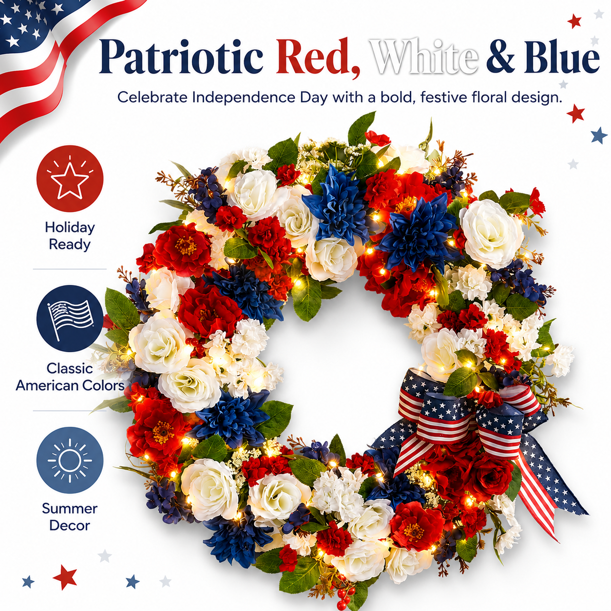 Independence Day Patriotic Wreath with Built-In Lights – Red, White & Blue Summer Door Decoration”