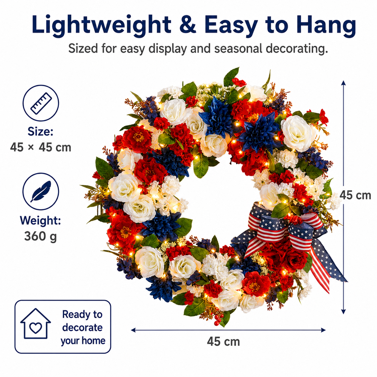 Independence Day Patriotic Wreath with Built-In Lights – Red, White & Blue Summer Door Decoration”