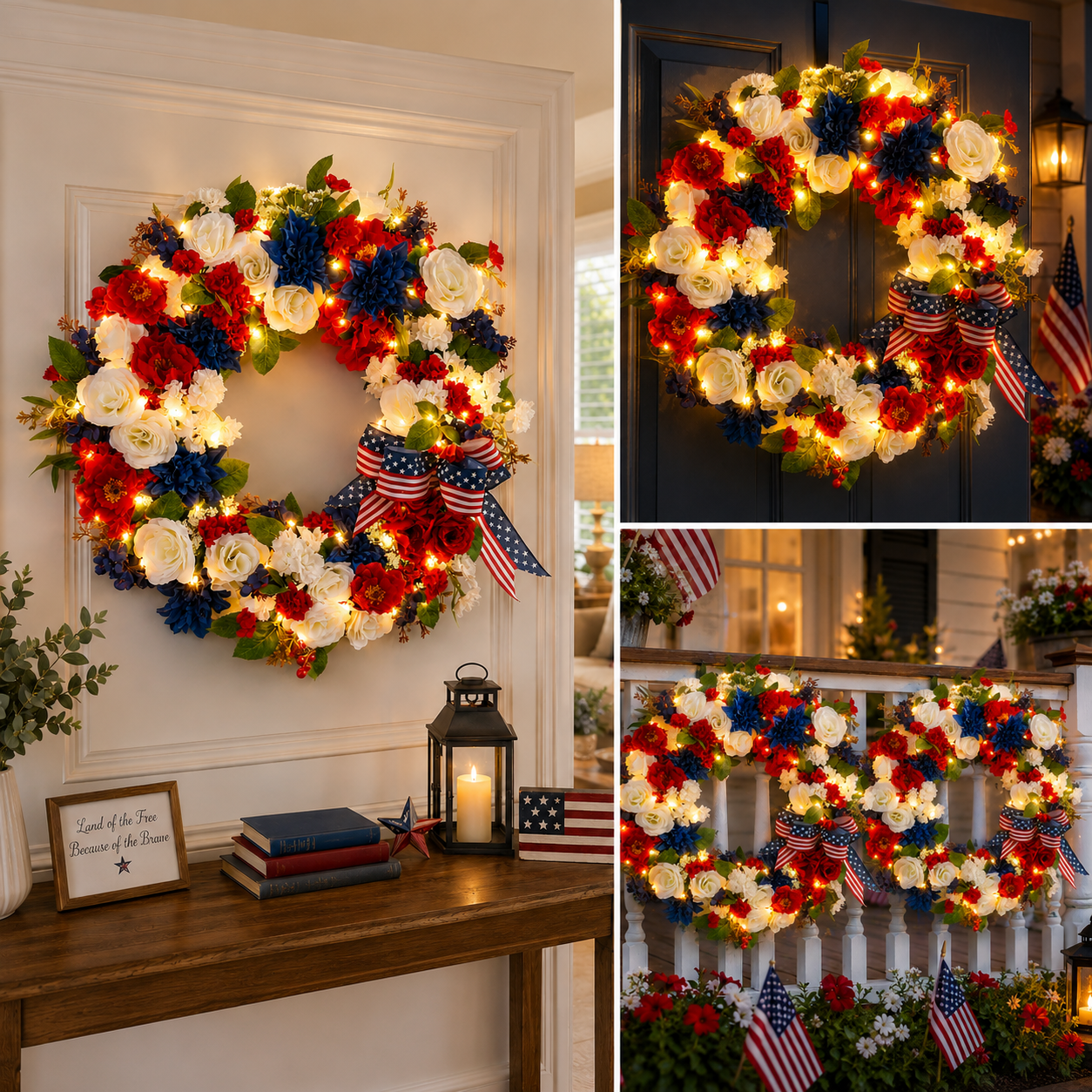 Independence Day Patriotic Wreath with Built-In Lights – Red, White & Blue Summer Door Decoration”