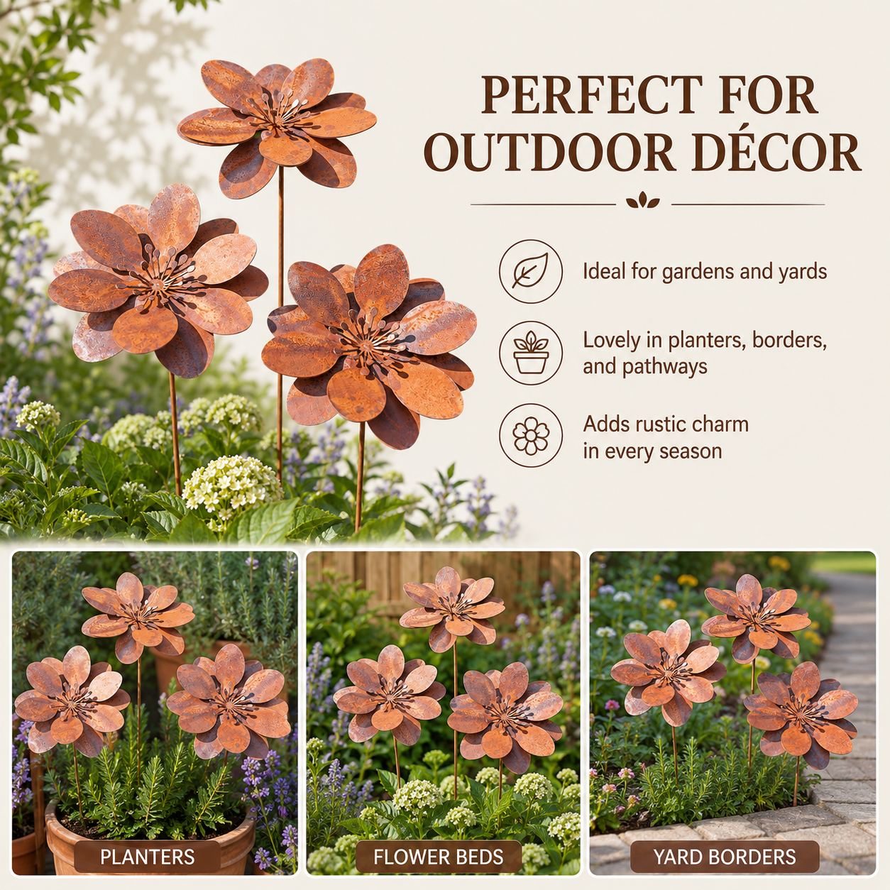 Rustic 3D Metal Garden Flowers – Set of 3 Weathered Iron Floral Ornaments for Outdoor Patio & Yard Décor