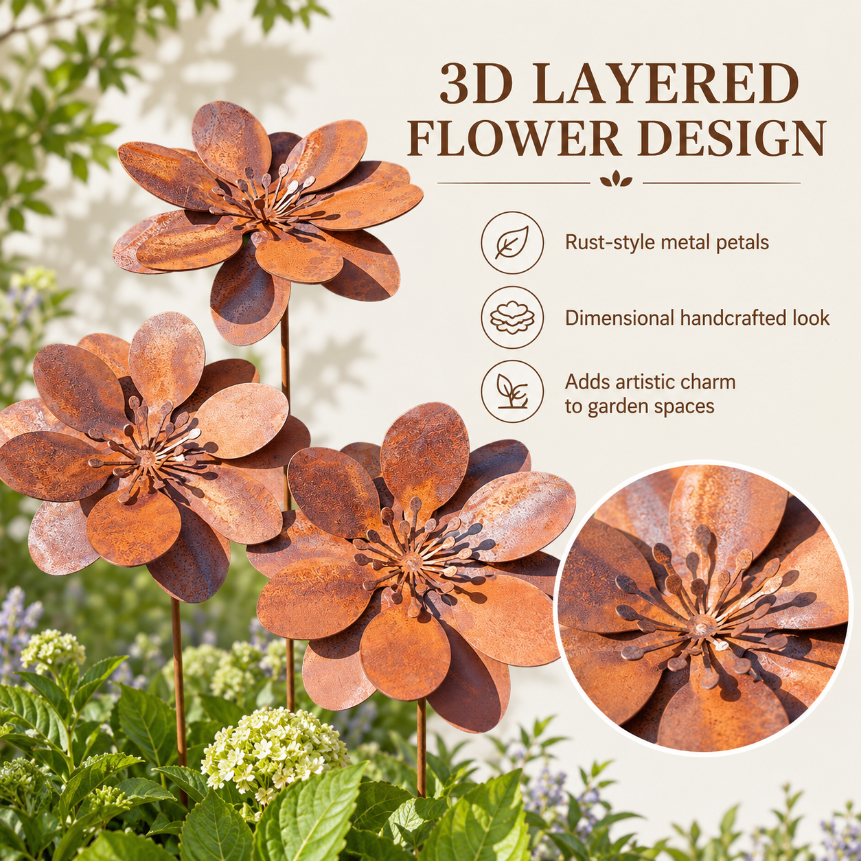 Rustic 3D Metal Garden Flowers – Set of 3 Weathered Iron Floral Ornaments for Outdoor Patio & Yard Décor