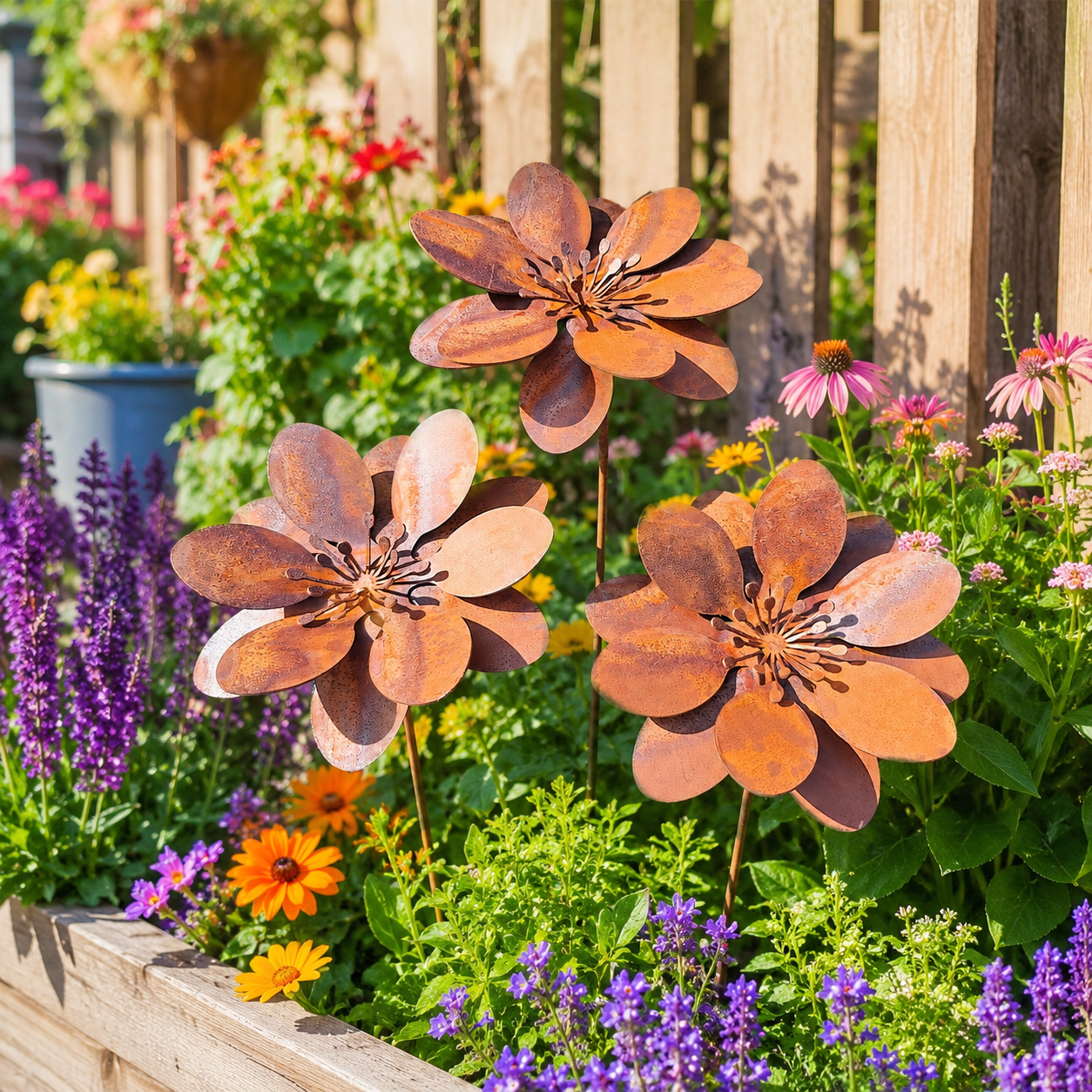 Rustic 3D Metal Garden Flowers – Set of 3 Weathered Iron Floral Ornaments for Outdoor Patio & Yard Décor