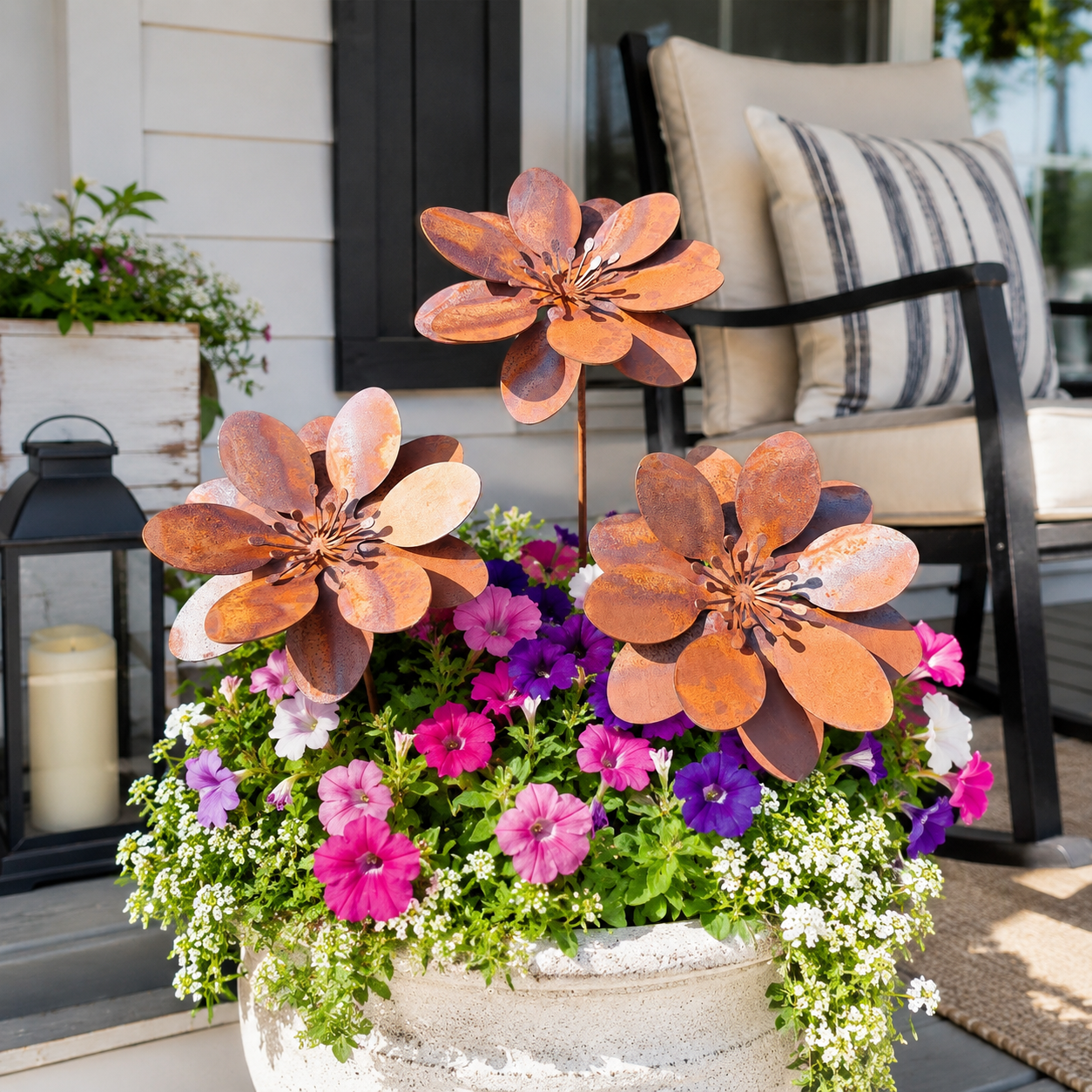 Rustic 3D Metal Garden Flowers – Set of 3 Weathered Iron Floral Ornaments for Outdoor Patio & Yard Décor