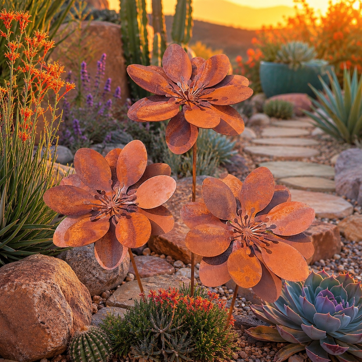 Rustic 3D Metal Garden Flowers – Set of 3 Weathered Iron Floral Ornaments for Outdoor Patio & Yard Décor