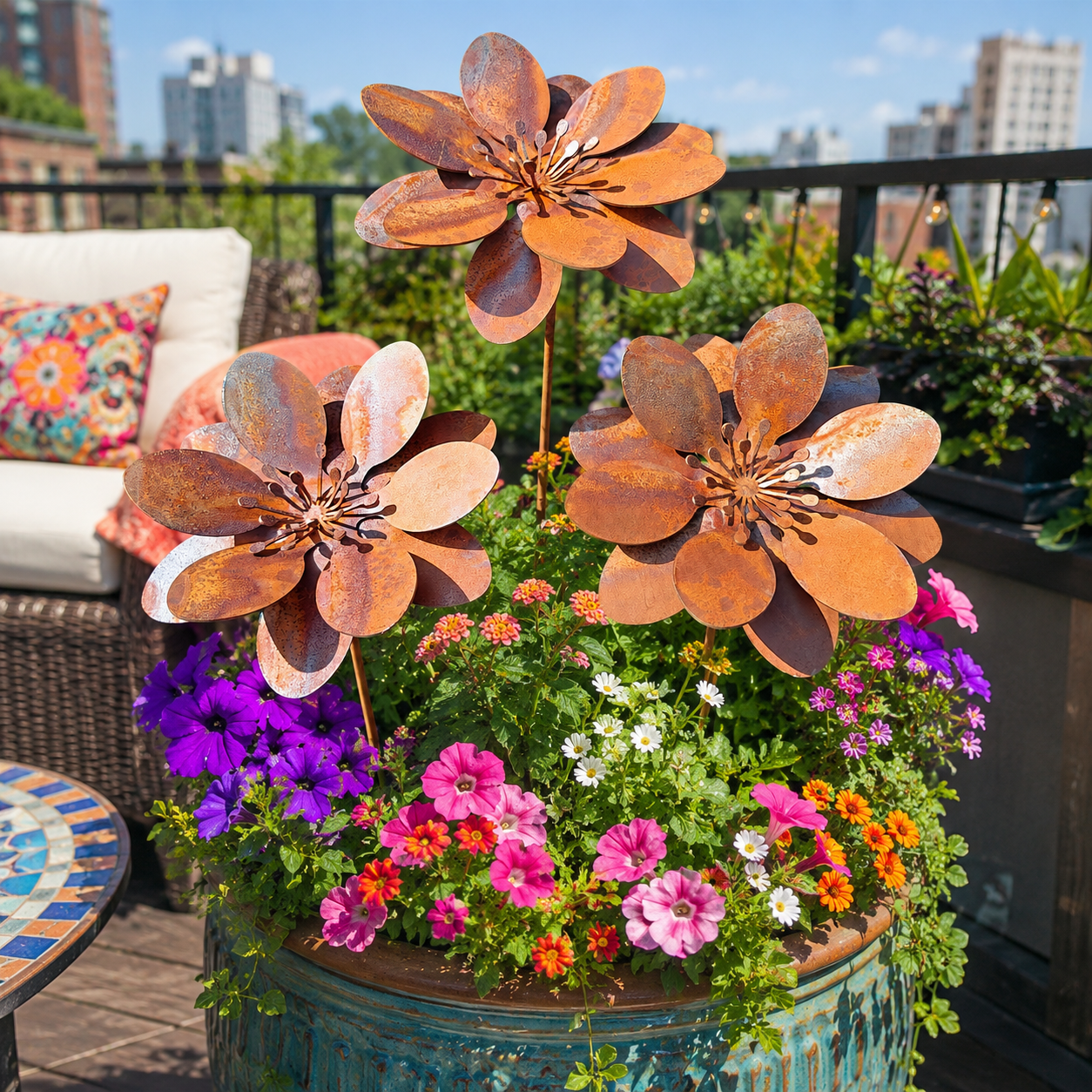 Rustic 3D Metal Garden Flowers – Set of 3 Weathered Iron Floral Ornaments for Outdoor Patio & Yard Décor