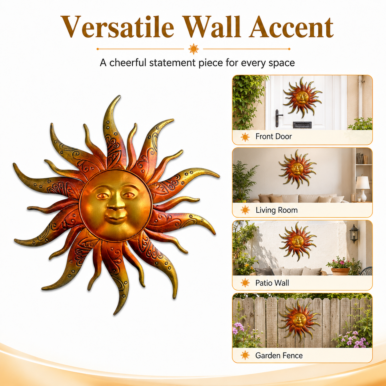 Golden Sunburst Wall Decor – Metal Outdoor & Indoor Sun Face Ornament