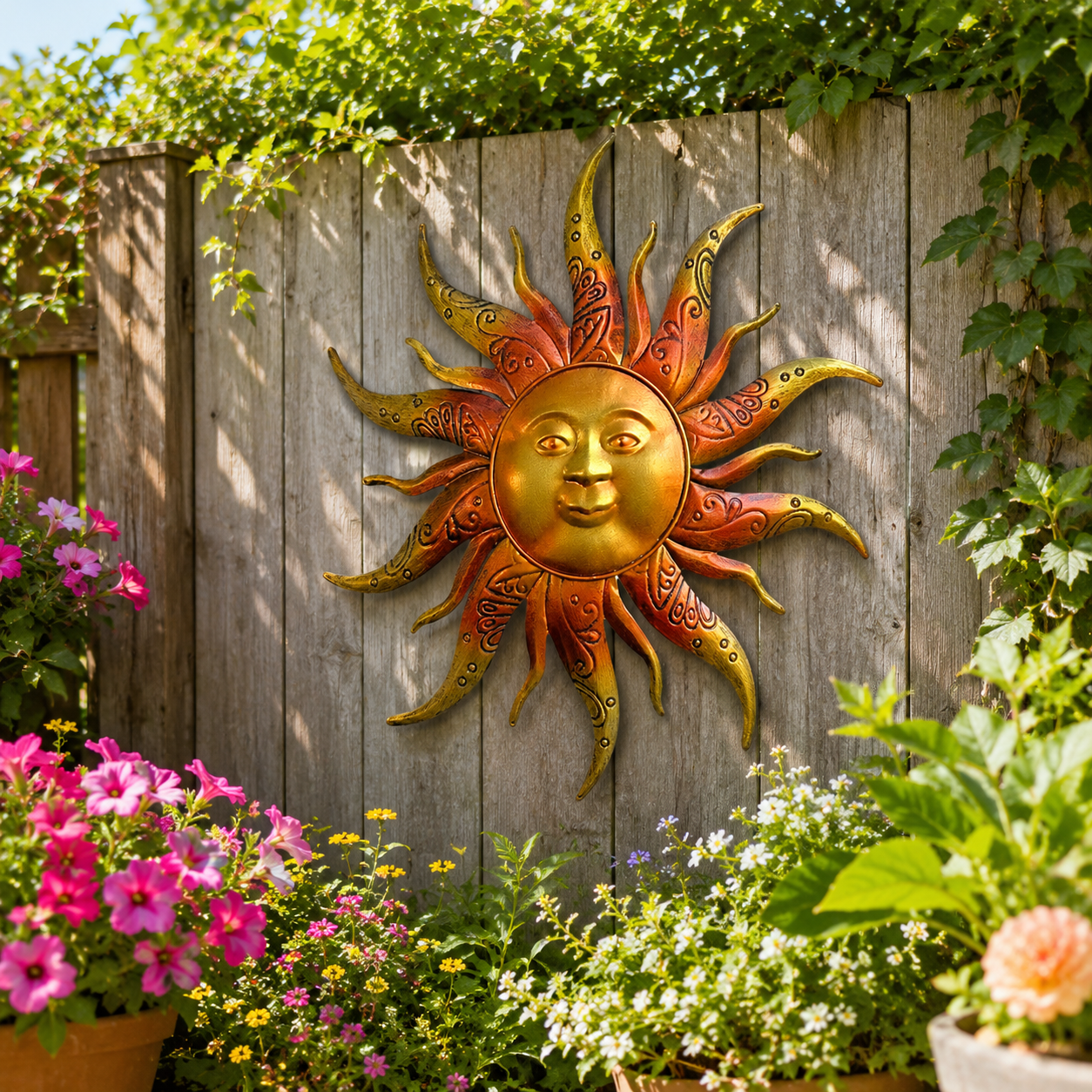 Golden Sunburst Wall Decor – Metal Outdoor & Indoor Sun Face Ornament