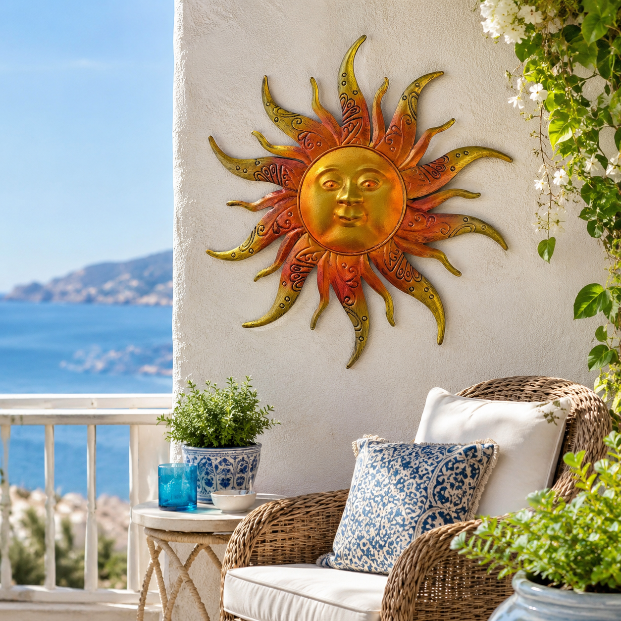 Golden Sunburst Wall Decor – Metal Outdoor & Indoor Sun Face Ornament