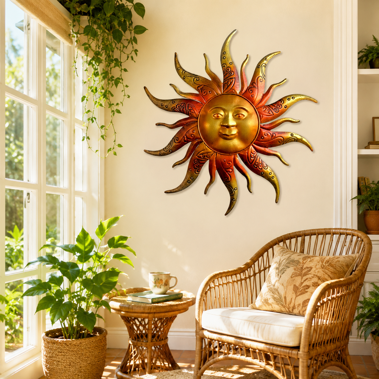 Golden Sunburst Wall Decor – Metal Outdoor & Indoor Sun Face Ornament