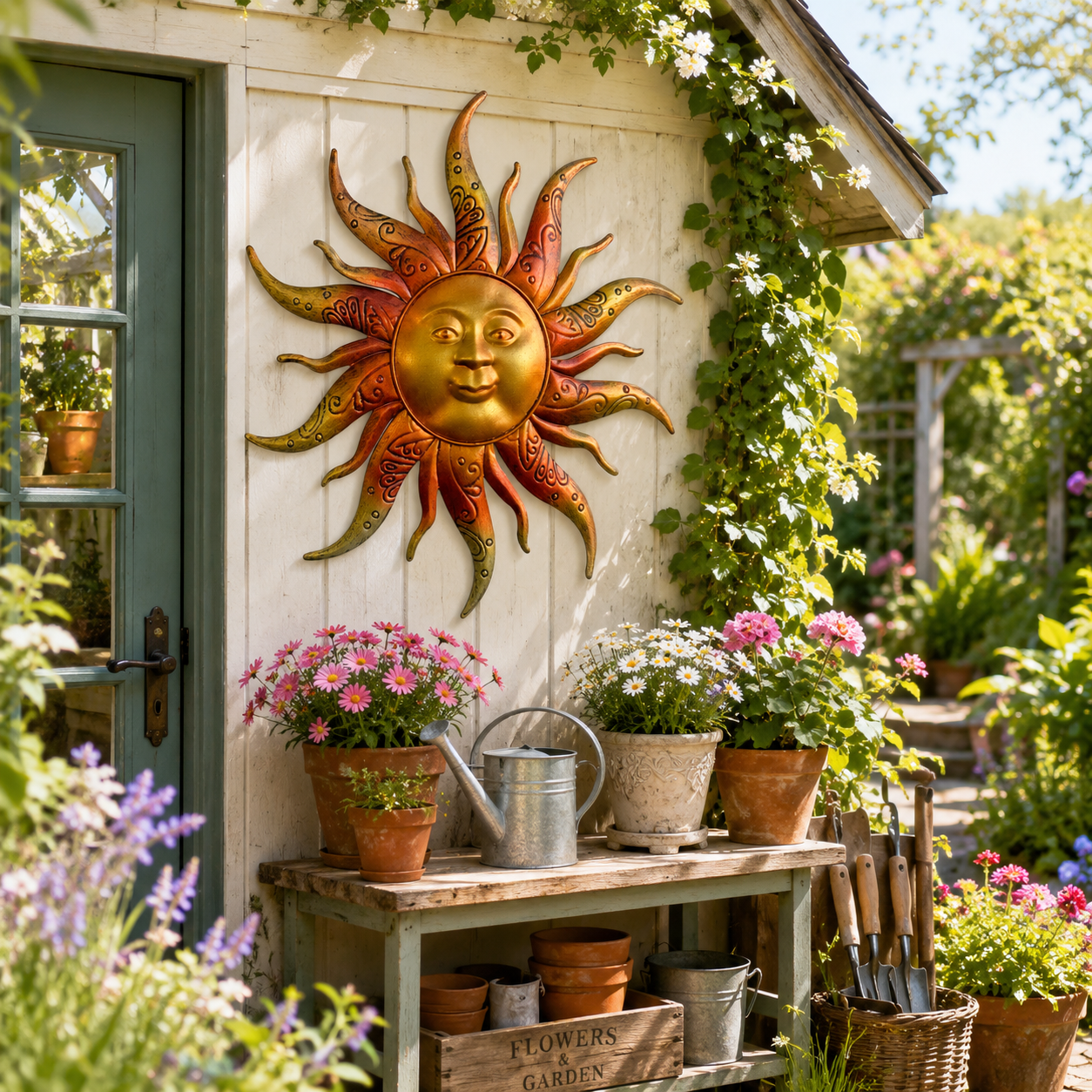Golden Sunburst Wall Decor – Metal Outdoor & Indoor Sun Face Ornament