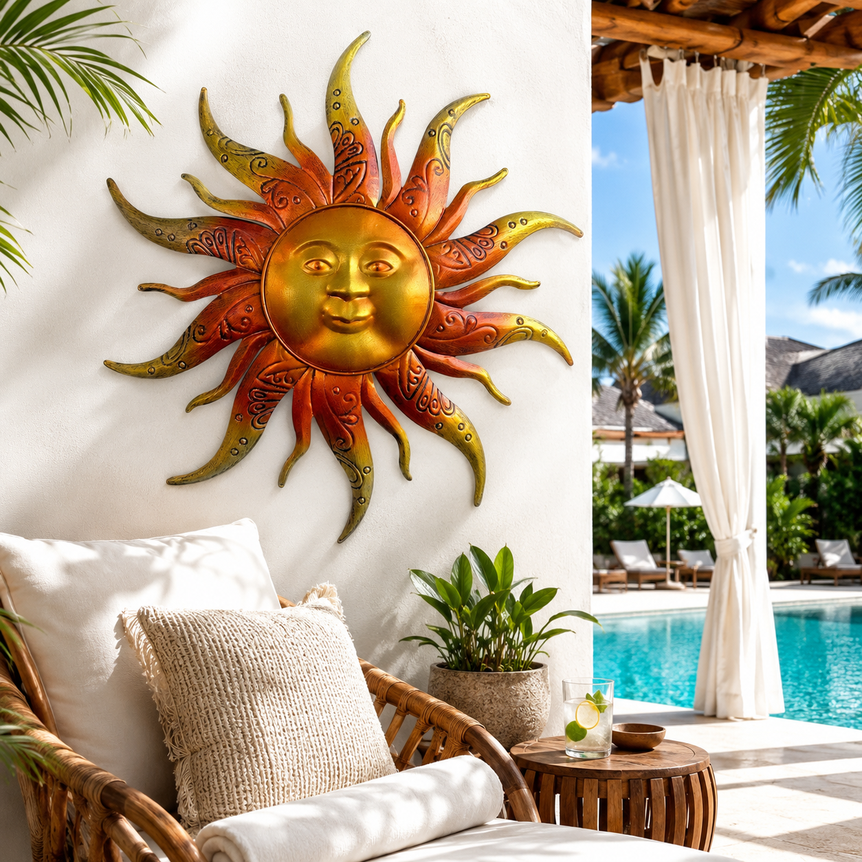 Golden Sunburst Wall Decor – Metal Outdoor & Indoor Sun Face Ornament