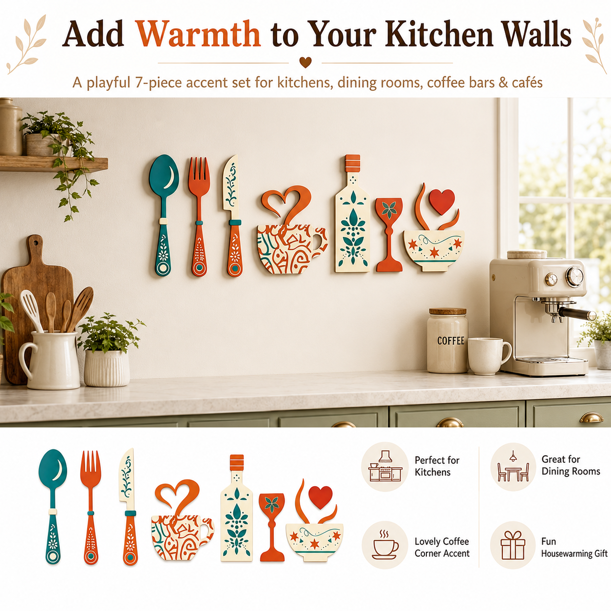 7pcs Creative Wooden Wall Decor Set – Fork, Spoon, Knife, Coffee Cup, Wine Glass & Bottle Designs