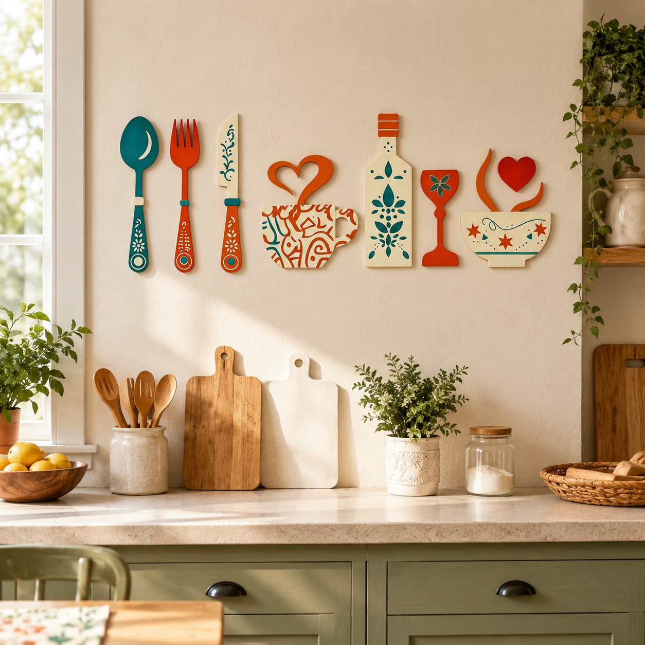 7pcs Creative Wooden Wall Decor Set – Fork, Spoon, Knife, Coffee Cup, Wine Glass & Bottle Designs