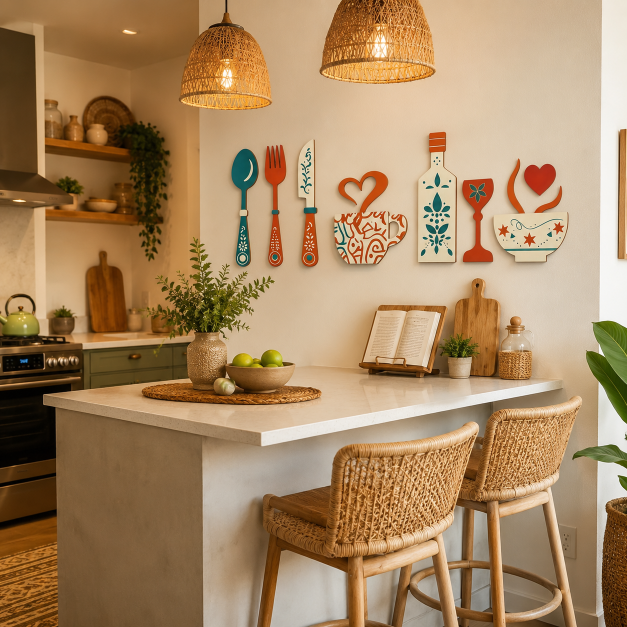 7pcs Creative Wooden Wall Decor Set – Fork, Spoon, Knife, Coffee Cup, Wine Glass & Bottle Designs