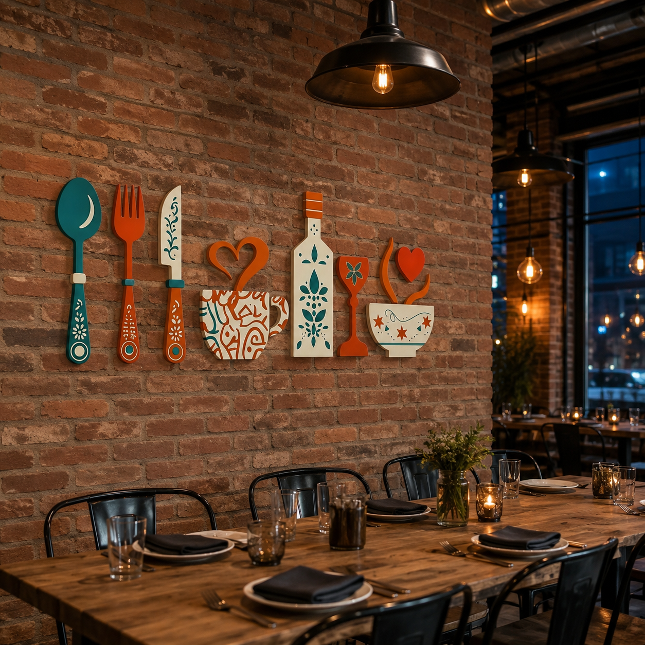 7pcs Creative Wooden Wall Decor Set – Fork, Spoon, Knife, Coffee Cup, Wine Glass & Bottle Designs
