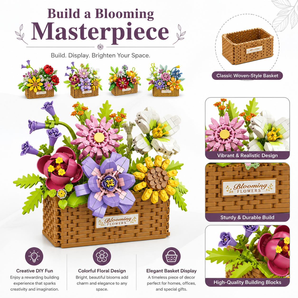 Flower Basket Building Block Set, Floral Set, Building Block Toy Set, Creative Plant Flower Ornament Model Toy