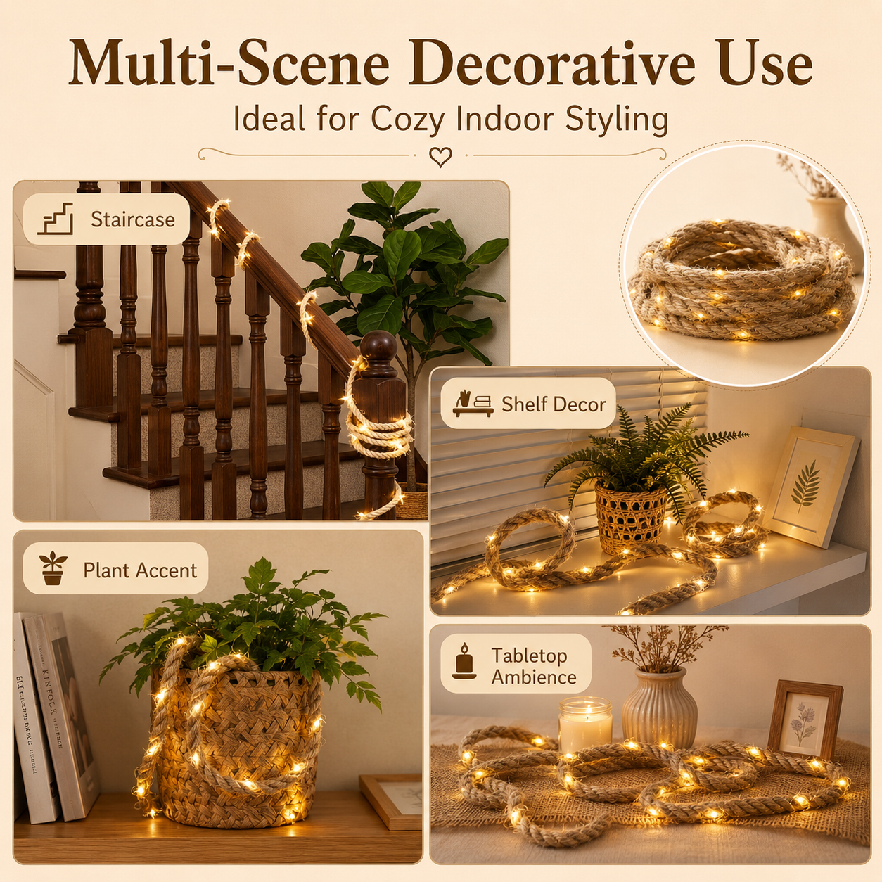 Natural Brown Rope LED String Lights, Warm-Toned LED Rope Lights (USB Powered)