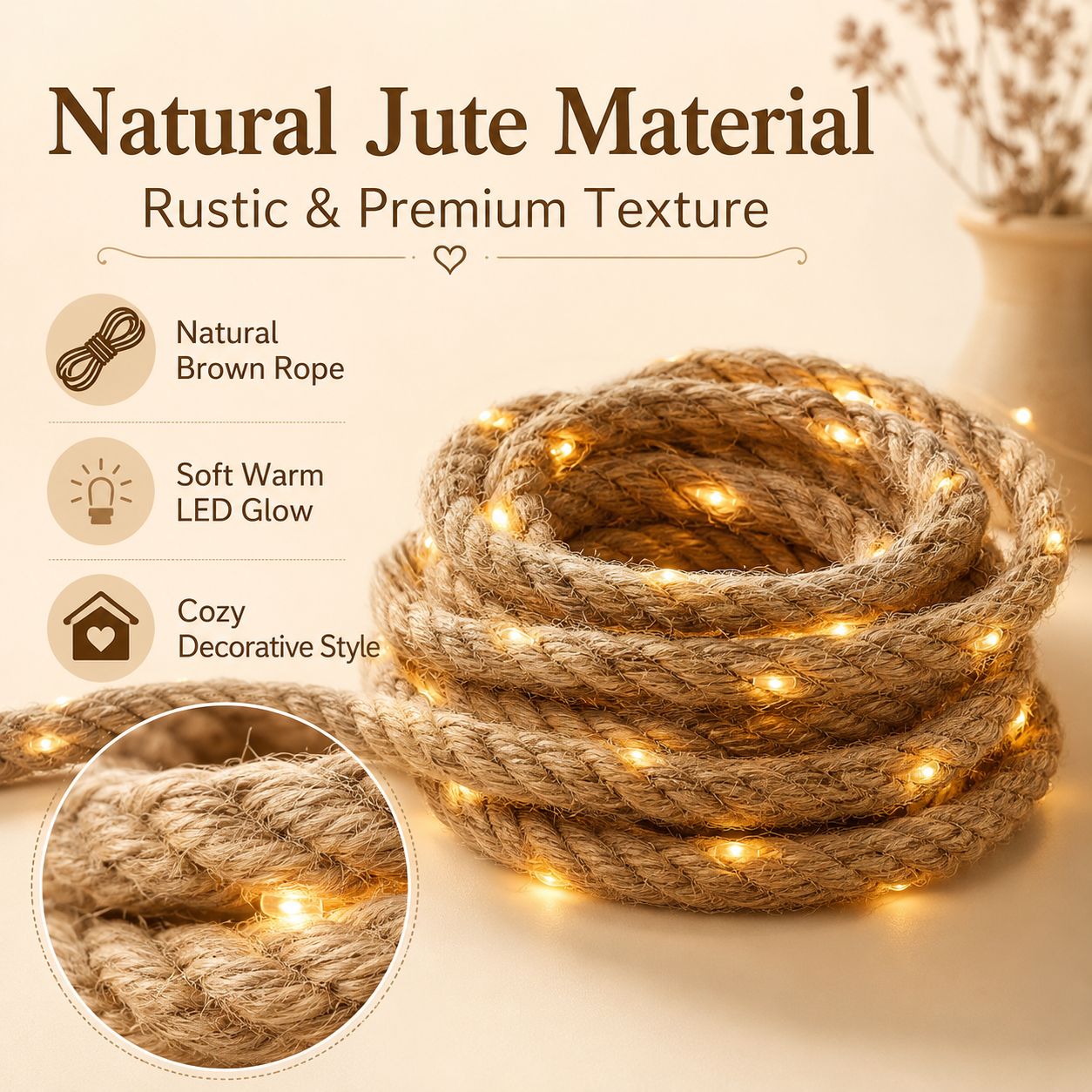 Natural Brown Rope LED String Lights, Warm-Toned LED Rope Lights (USB Powered)