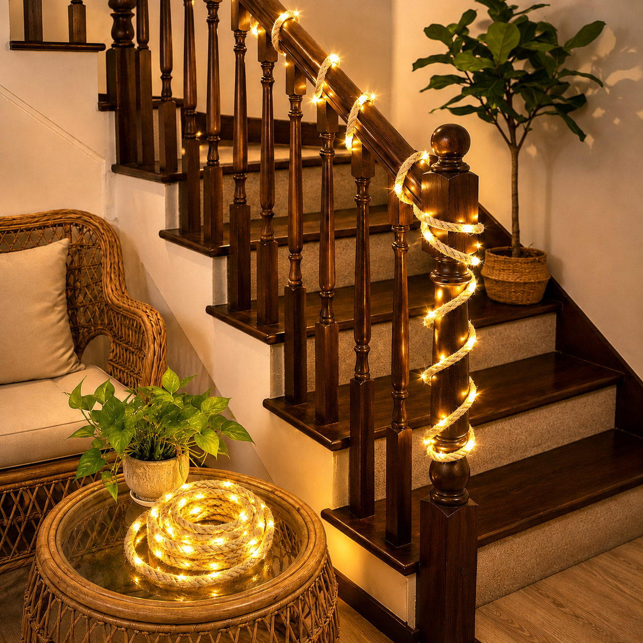 Natural Brown Rope LED String Lights, Warm-Toned LED Rope Lights (USB Powered)