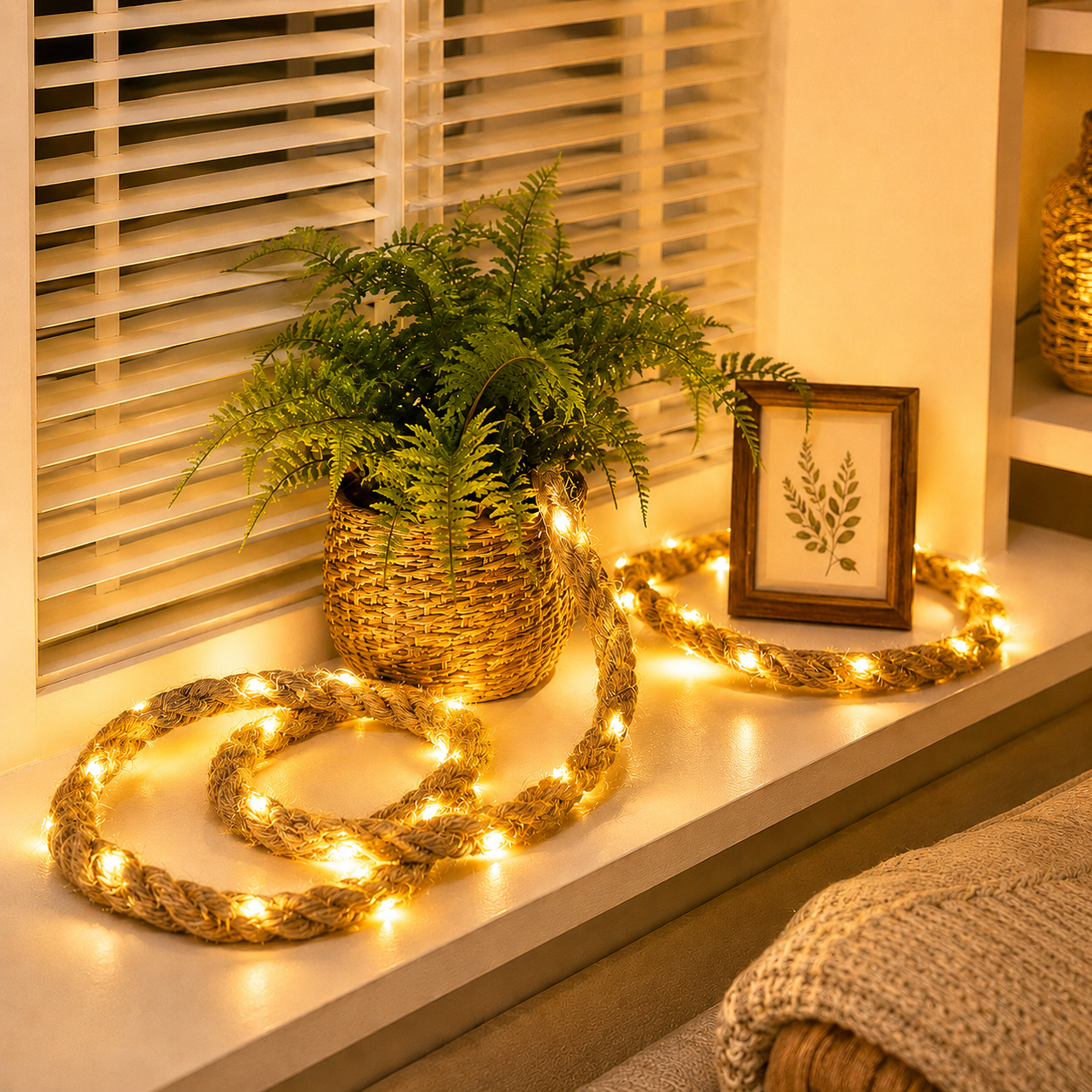 Natural Brown Rope LED String Lights, Warm-Toned LED Rope Lights (USB Powered)