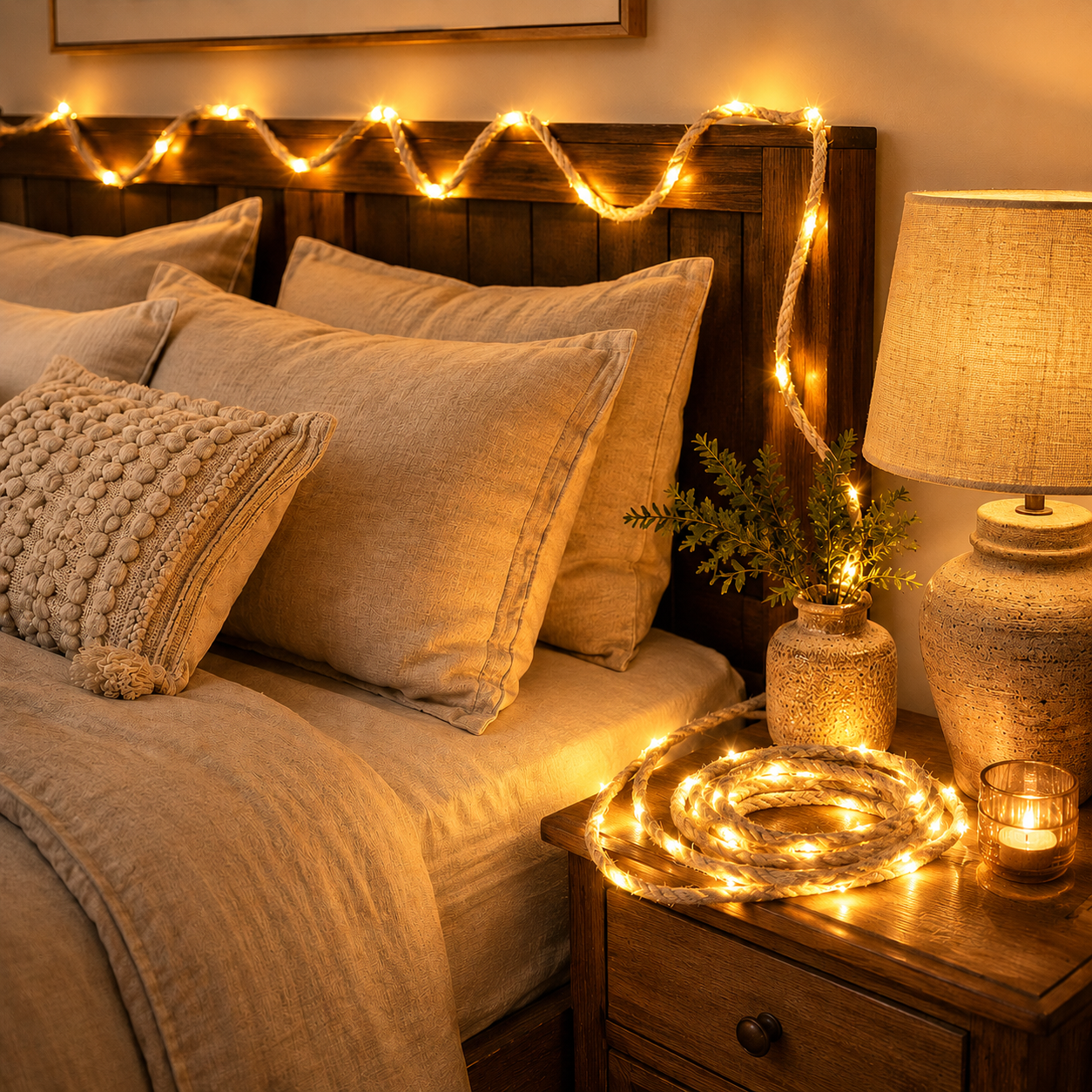 Natural Brown Rope LED String Lights, Warm-Toned LED Rope Lights (USB Powered)
