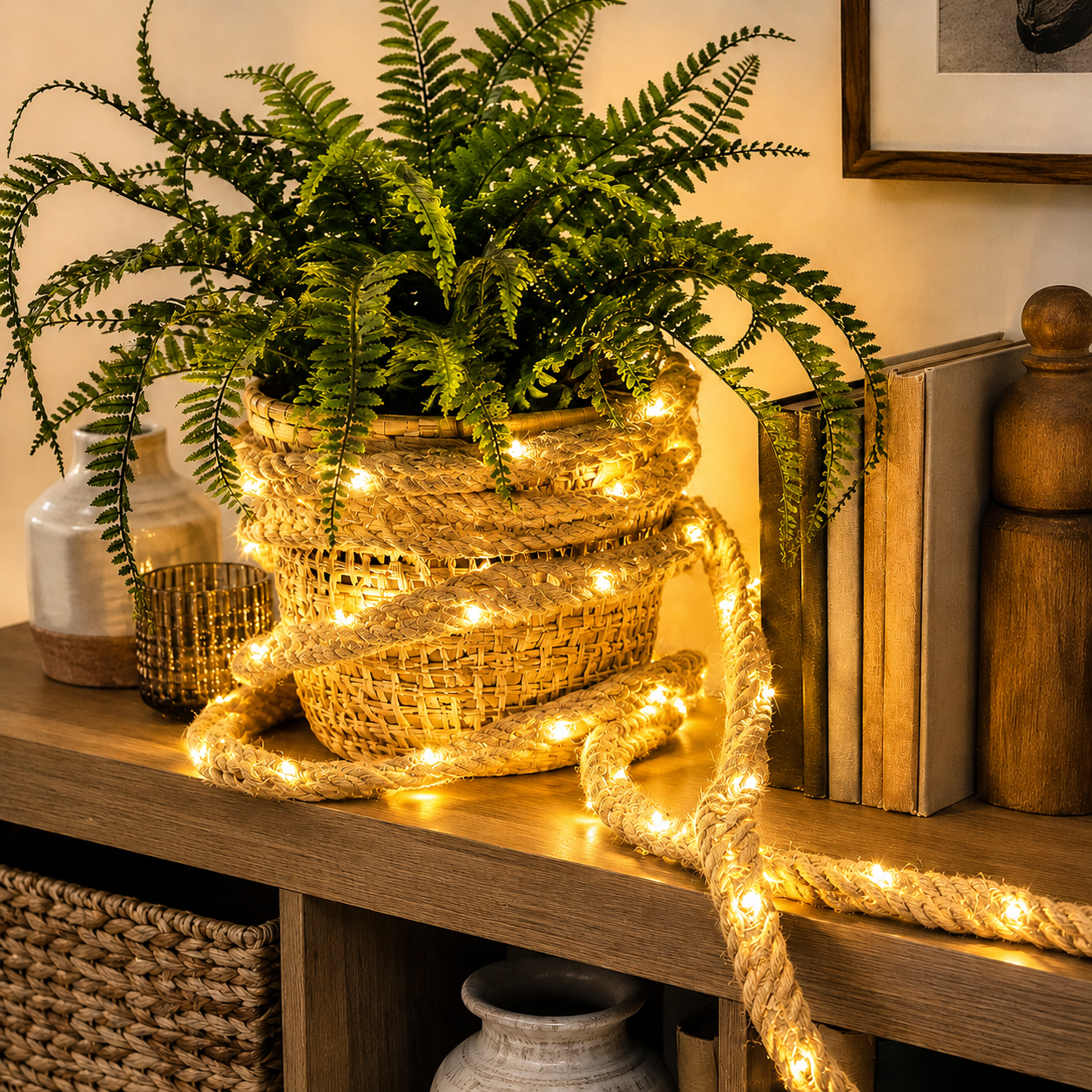 Natural Brown Rope LED String Lights, Warm-Toned LED Rope Lights (USB Powered)
