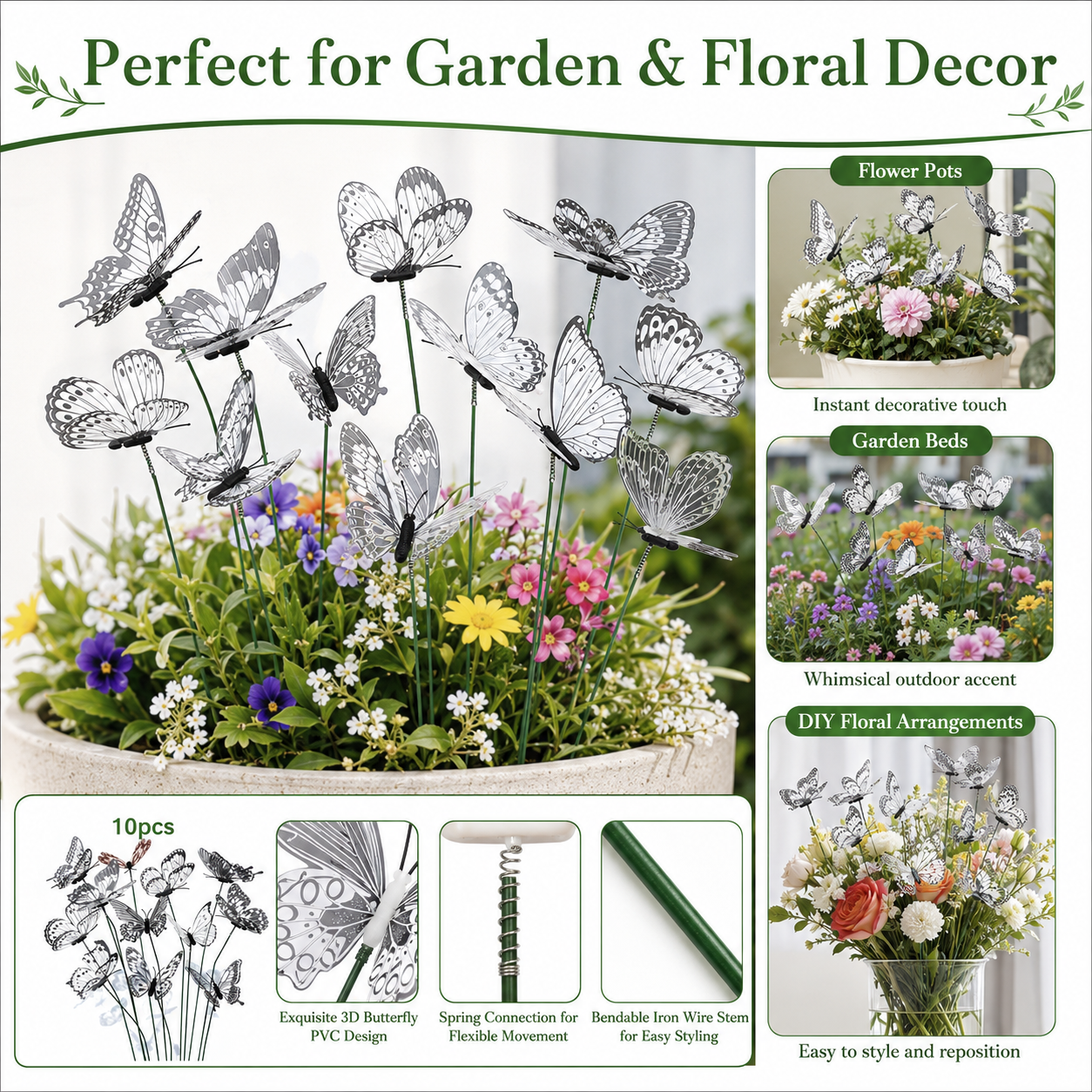 [3D] 10pcs Random Style 3D PVC Simulation Butterflies with Bendable Wire Stem – Garden Stakes for Planters, Flower Pots & Outdoor Decoration