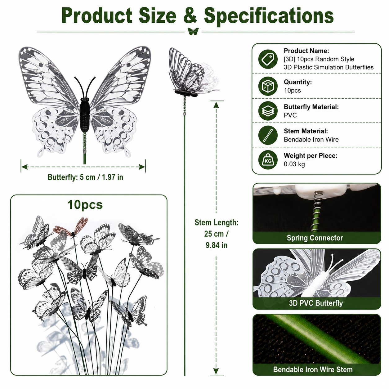 [3D] 10pcs Random Style 3D PVC Simulation Butterflies with Bendable Wire Stem – Garden Stakes for Planters, Flower Pots & Outdoor Decoration
