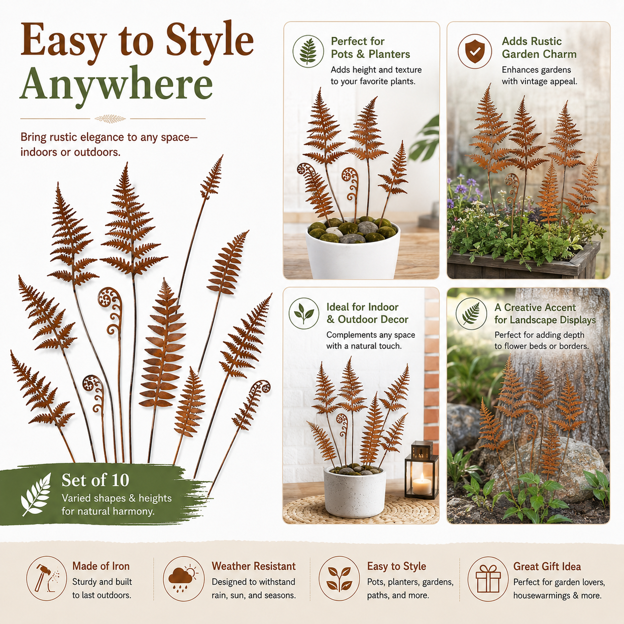 Set of 10 Rusty Metal Fern Garden Stakes 