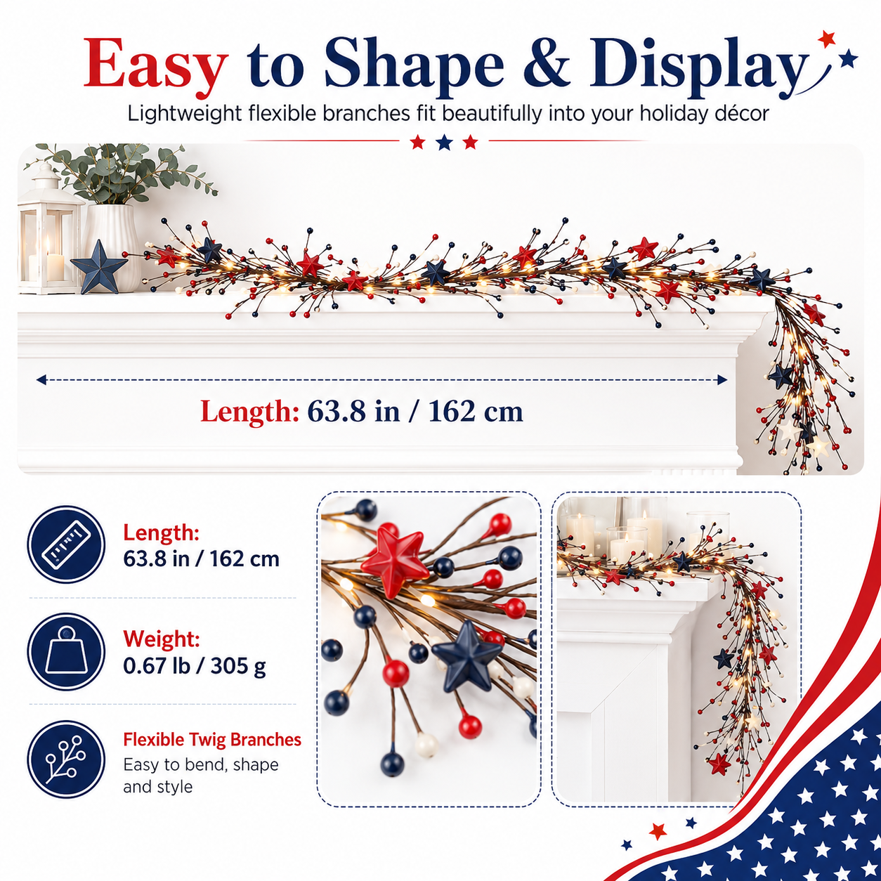 4th of July Patriotic Garland with LED Fairy Lights – Red, White & Blue Star & Berry Decor