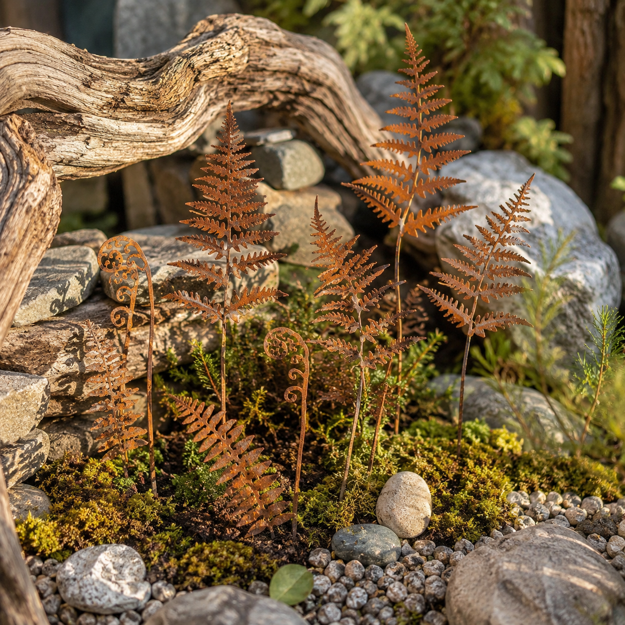 Set of 10 Rusty Metal Fern Garden Stakes 