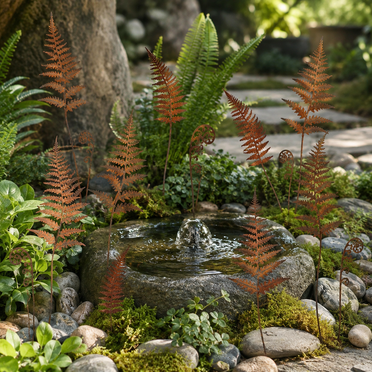 Set of 10 Rusty Metal Fern Garden Stakes 