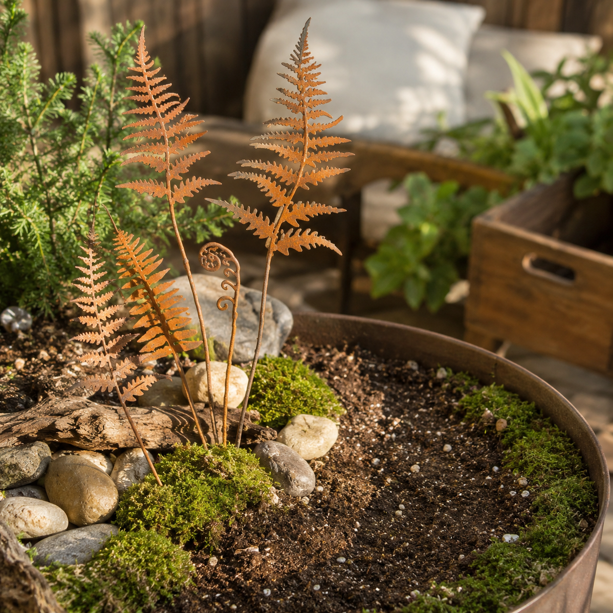 Set of 10 Rusty Metal Fern Garden Stakes 