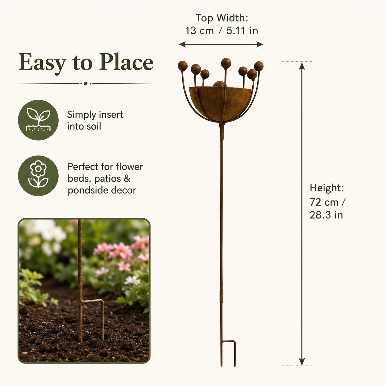 Rustic Iron Garden Decor Stake – Outdoor Decorative Bowl Ornament for Flower Beds and Lawns