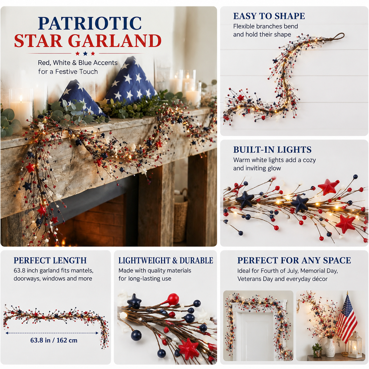 4th of July Patriotic Garland with LED Fairy Lights – Red, White & Blue Star & Berry Decor