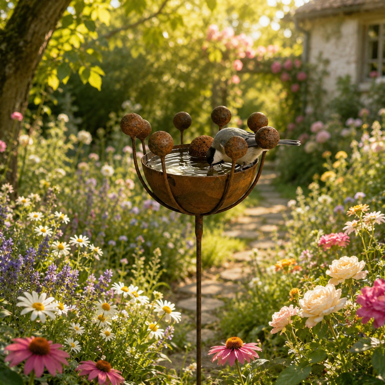 Rustic Iron Garden Decor Stake – Outdoor Decorative Bowl Ornament for Flower Beds and Lawns