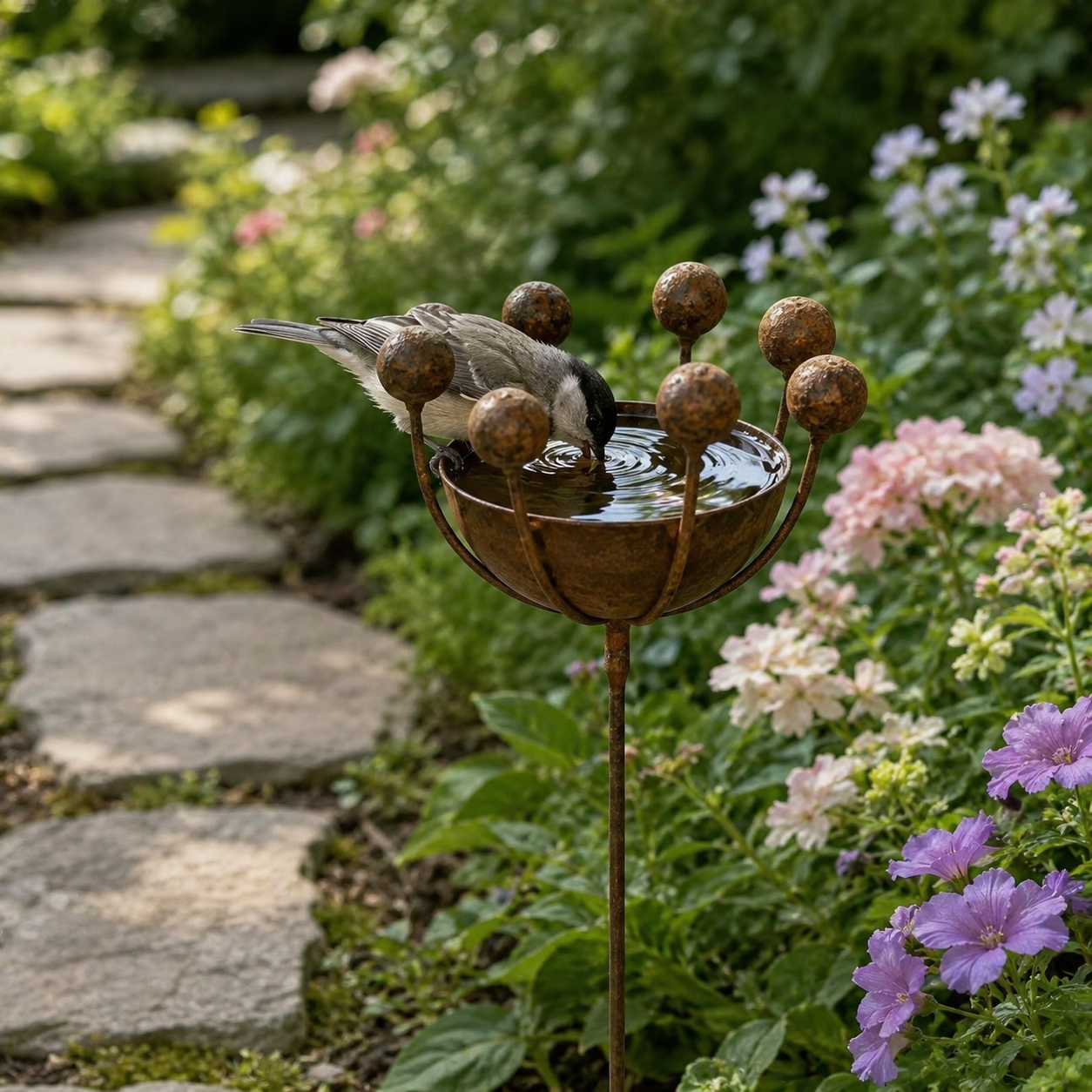 Rustic Iron Garden Decor Stake – Outdoor Decorative Bowl Ornament for Flower Beds and Lawns